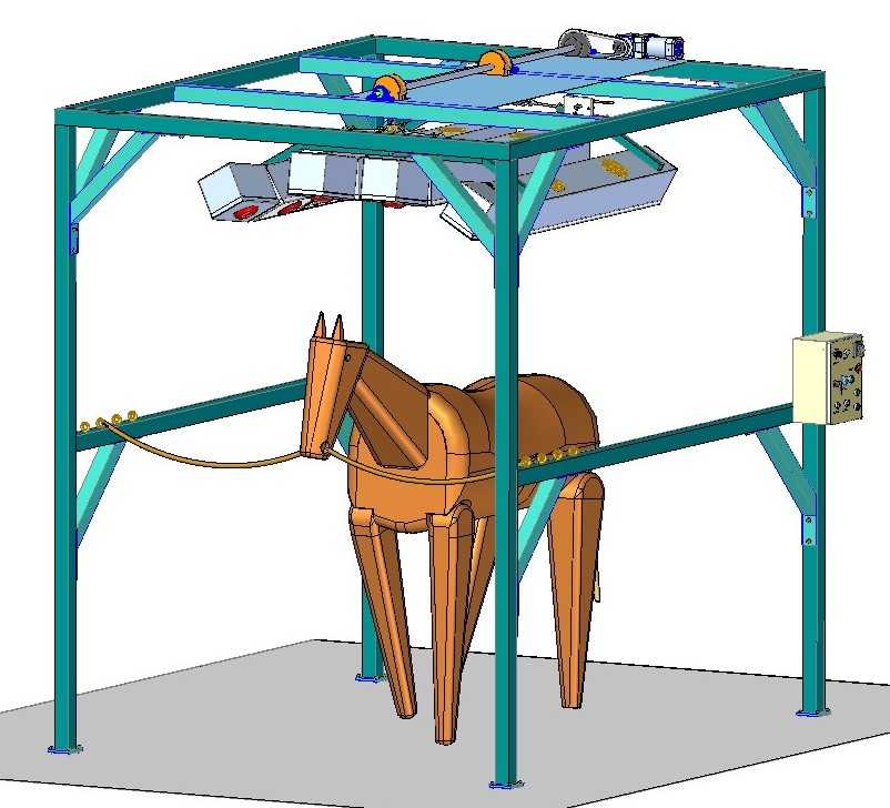 Caballo en un solario de Equipos Ecuestres, con las lámparas de calor encendidas.