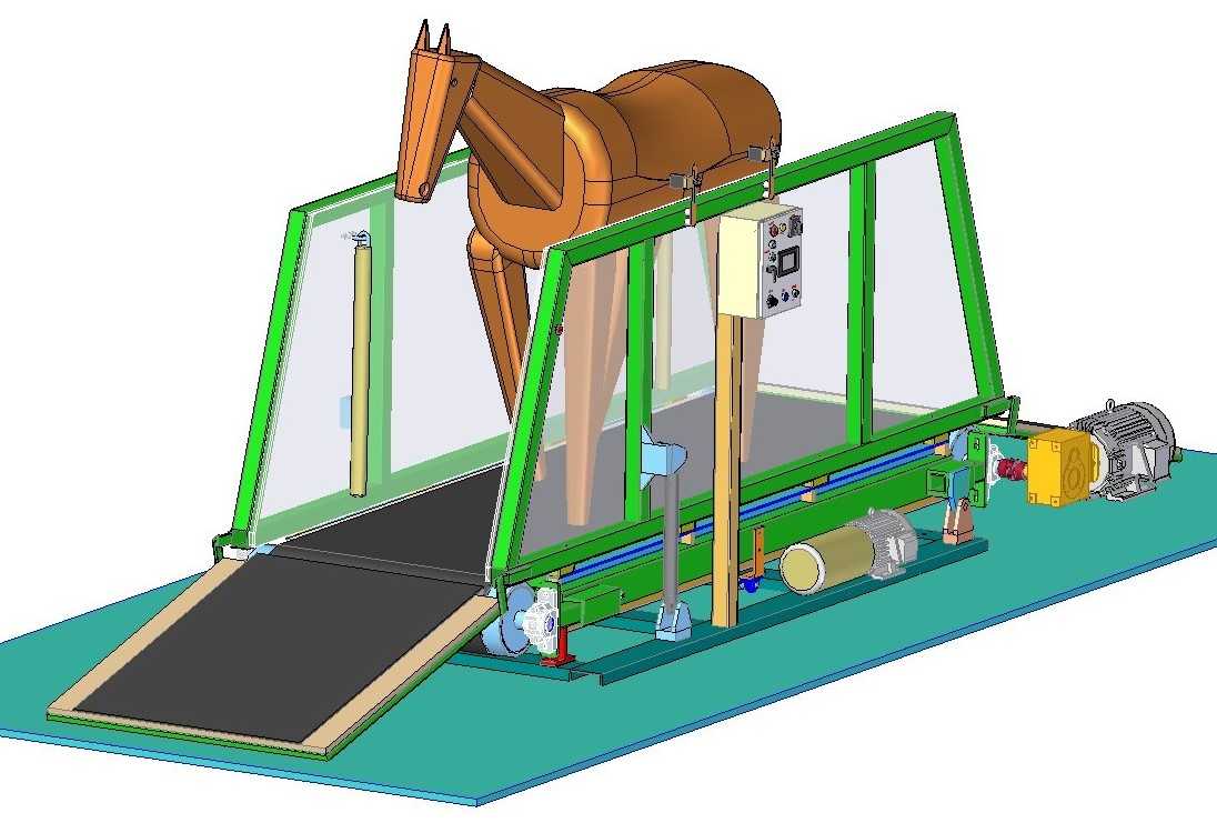 Vista 3D de una banda caminadora para caballos con un maniquí de caballo en la cinta.
