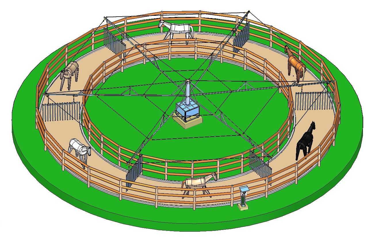 Diseño 3D de un caminador para 6 caballos con 21 metros de diámetro.