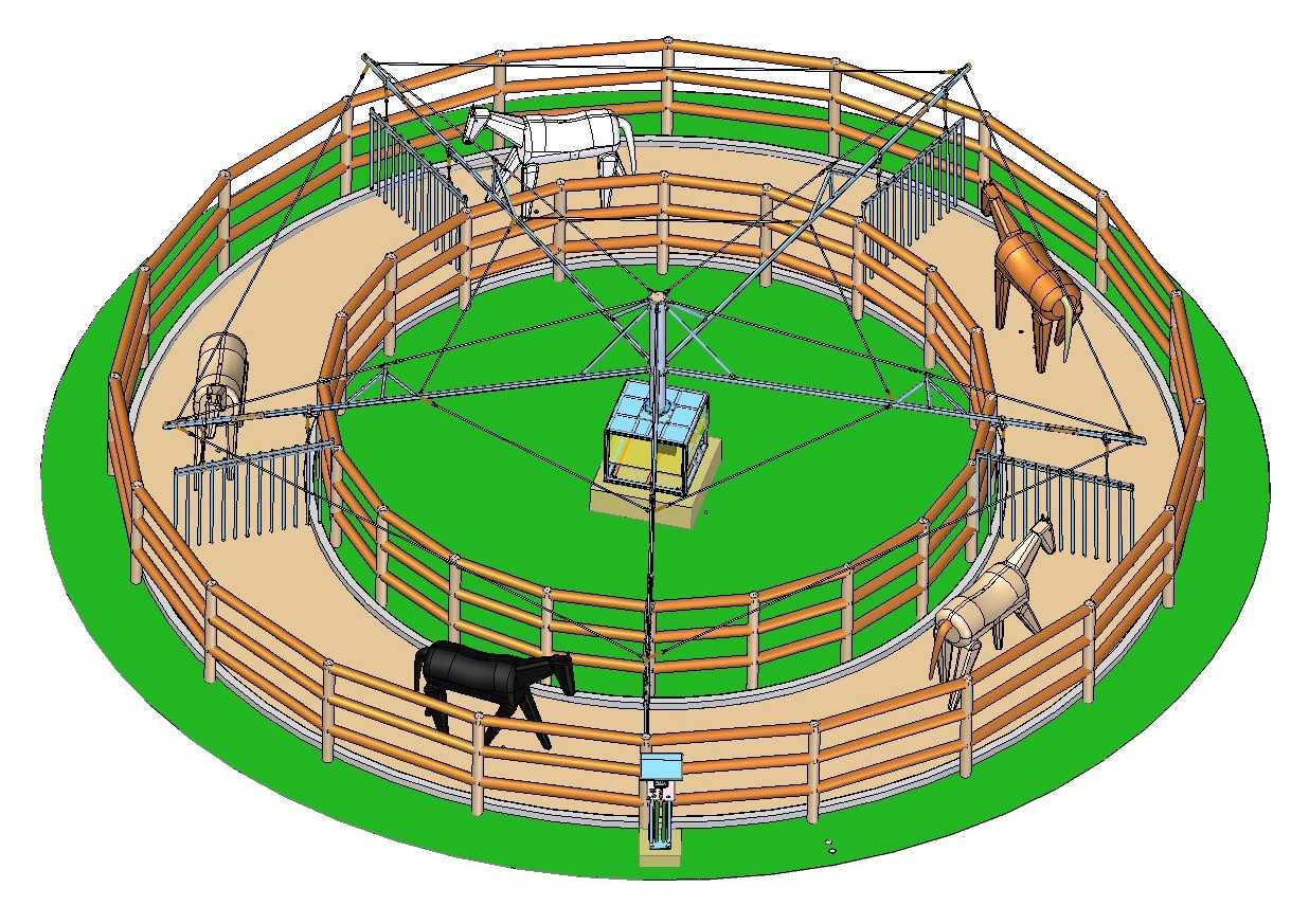 Diseño 3D de un carrusel de 5 caballos con 15 metros de diámetro.