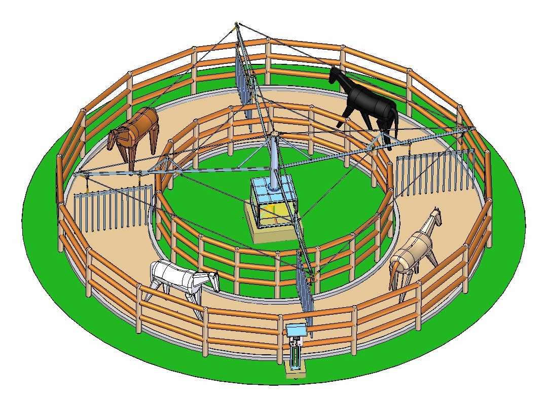 Renderizado 3D de un carrusel para 4 caballos con 12.5 metros de diámetro.