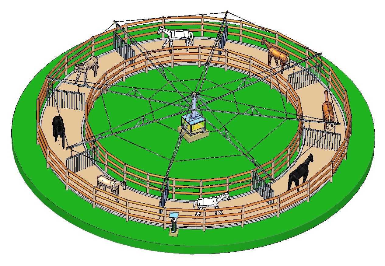 Diseño 3D de un caminador para 8 caballos con 21 metros de diámetro.