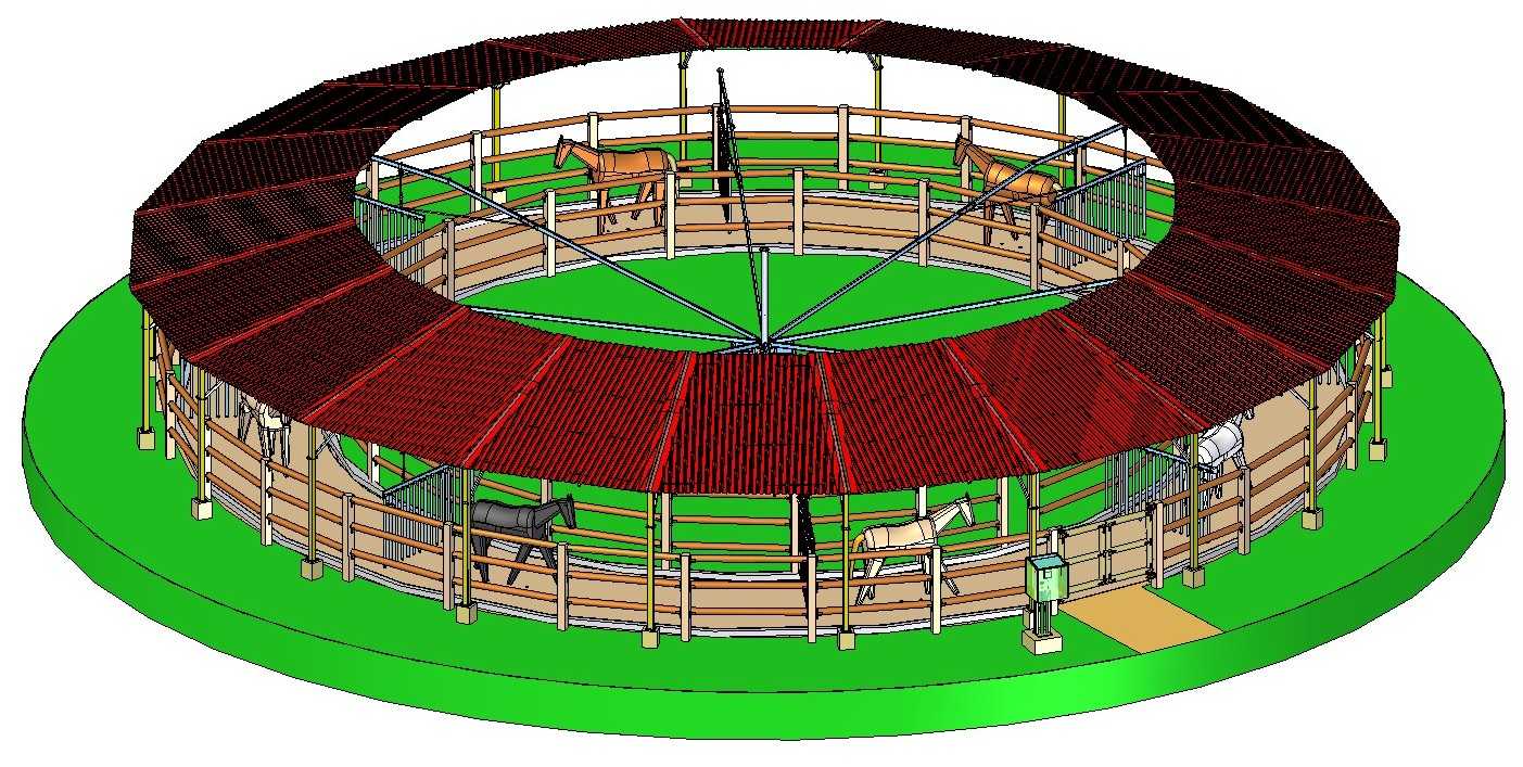 Vista 3D de un caminador de caballos de Equipos Ecuestres con una cubierta de techo roja.
